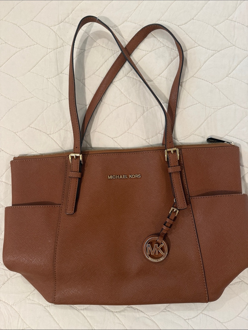 Michael Kors Cognac Saffiano Leather Tote with MK Charm
